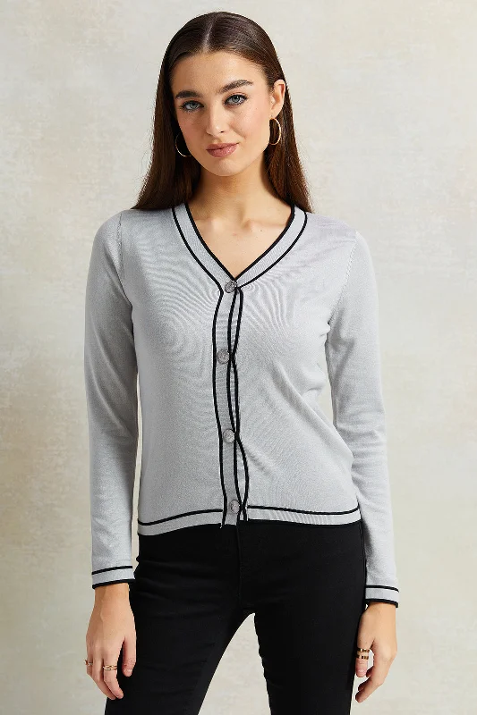 Women Grey Stripe Button Down Cardigan