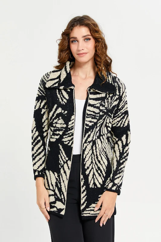 Women Black And Beige Leaves Printed Knitted Cardigan