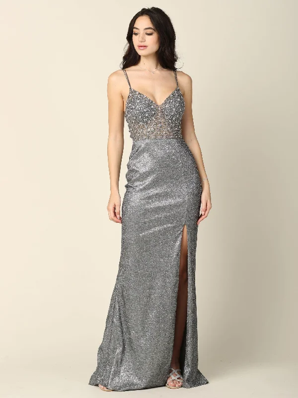 Prom Long Spaghetti Strap Formal Metallic Dress