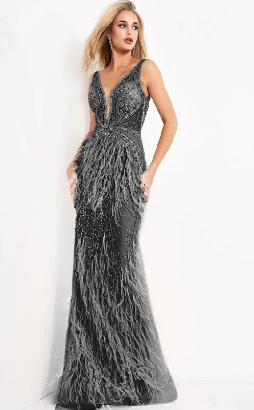 Jovani 03023 Prom Long Sleeveless Feather Dress Black