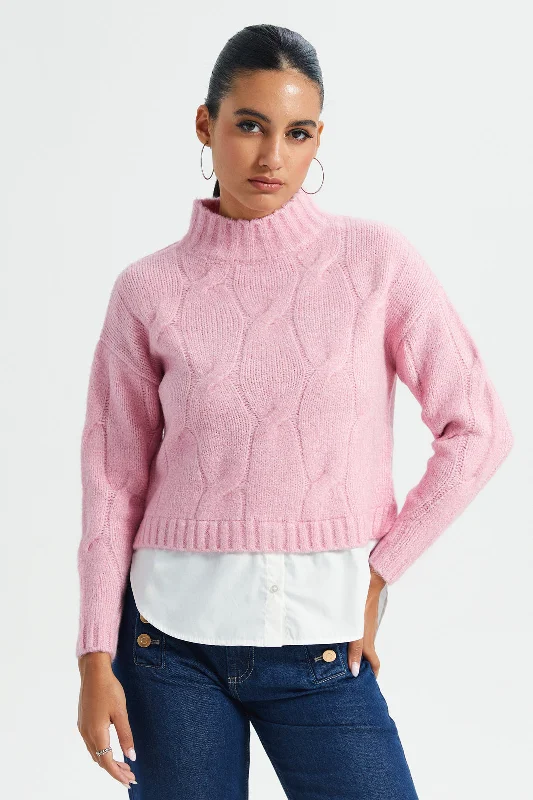 Women Pink And White High Neck Top