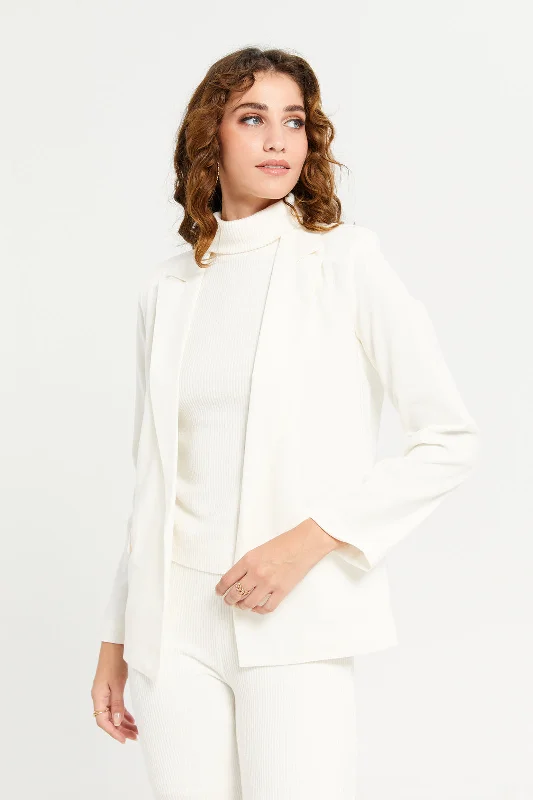 Women Cream Plain Linen Open Blazer