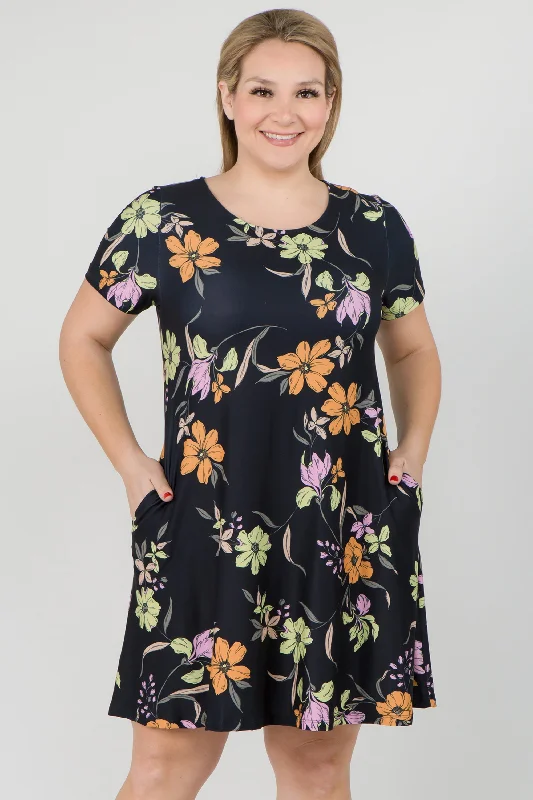 Plus Size Blossom of Lilies Fit and Flare Dress with Pockets