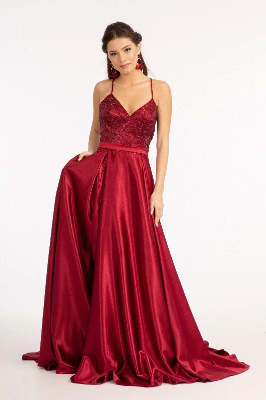 Long Spaghetti Strap Satin Prom Formal Gown