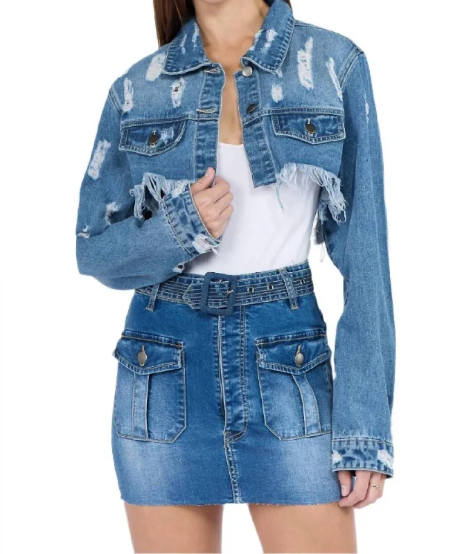 Chic Cropped Distressed Denim Jacket In Blue