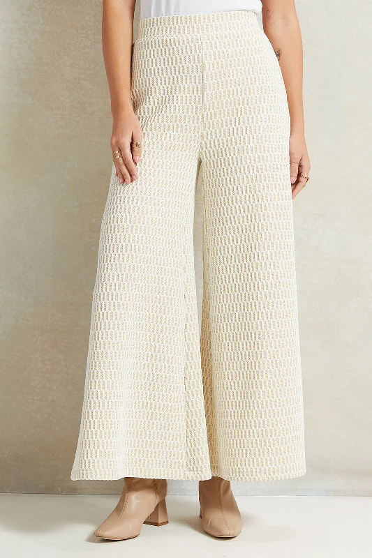 Women Cream Jacquard Wide Leg Pants