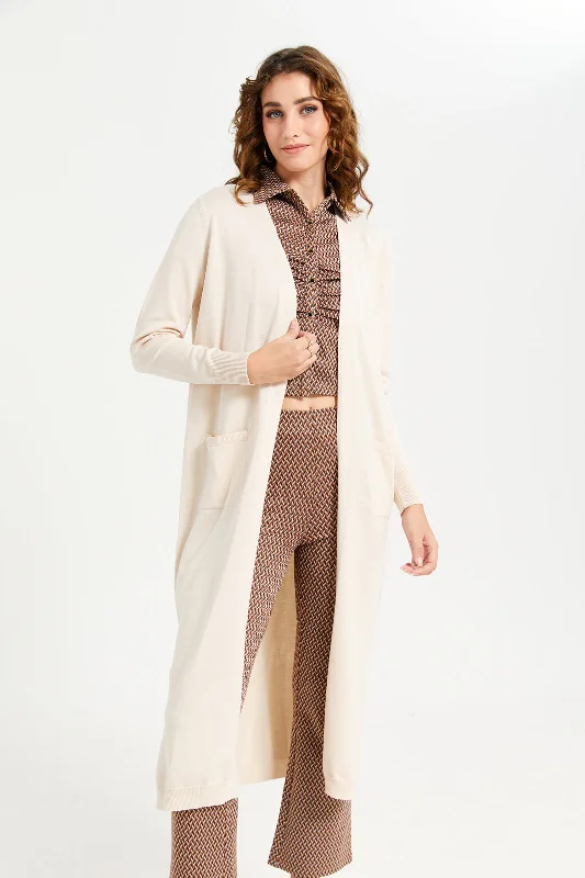 Women Ivory Longline Open-Front Cardigan