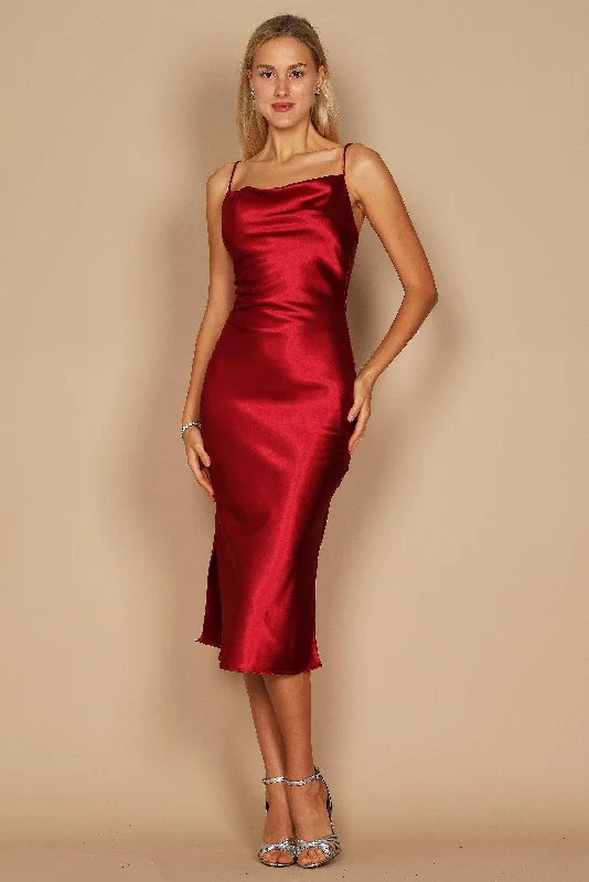 Cowl Neck Satin Midi Formal Cocktail Dress Burgundy