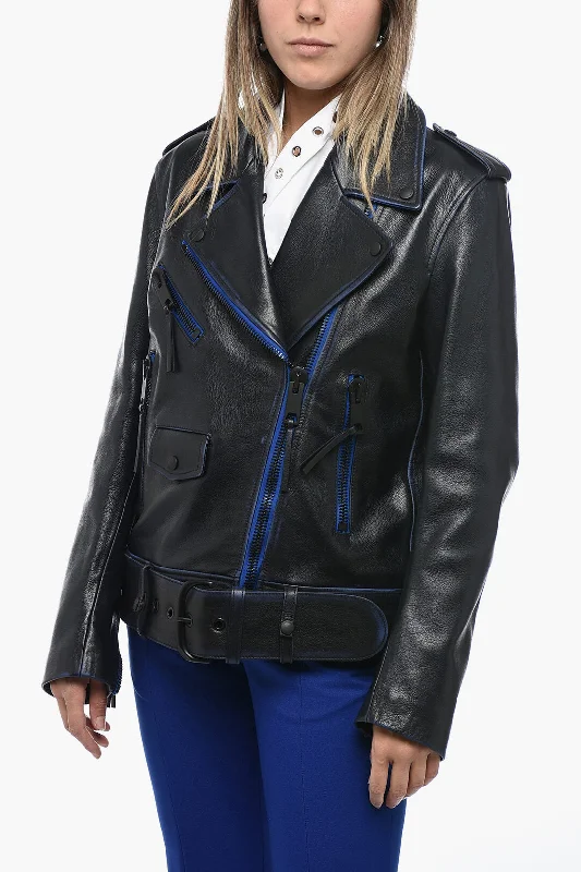 Off-White Leather Oversized Biker Jacket with Contrasting Trims