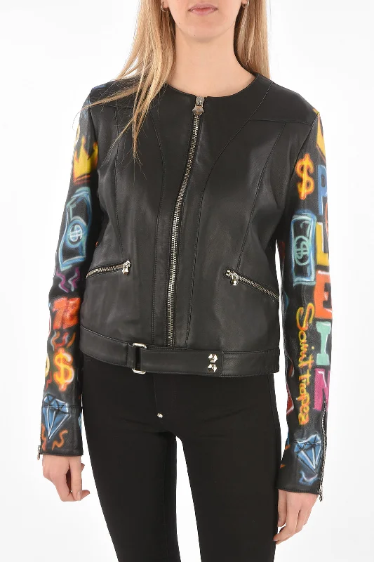 Philipp Plein COUTURE Leather Jacket GRAFFITI with Printed Sleeves