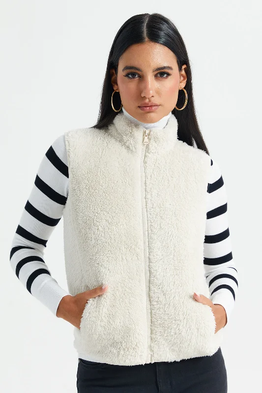 Women White High Neck Sleeveless Fur Jacket