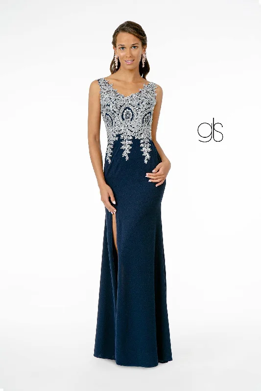 Embroidered Bodice Jersey Long Prom Dress