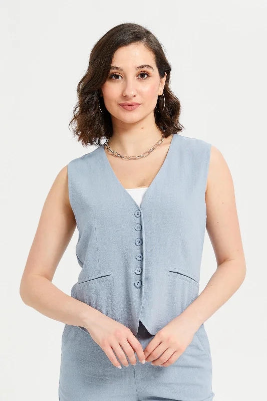 Women Blue Linen Waistcoat