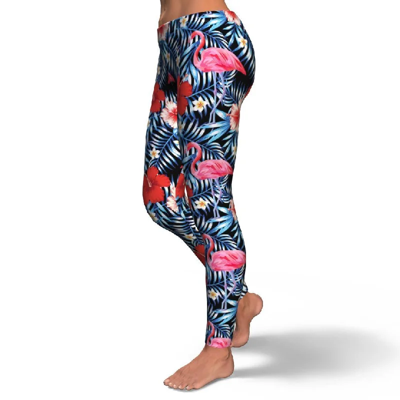 Flamingo Hawaiian Floral Tropical Flower Hibiscus Palm Leaves Pattern Print Pattern Women Leggings