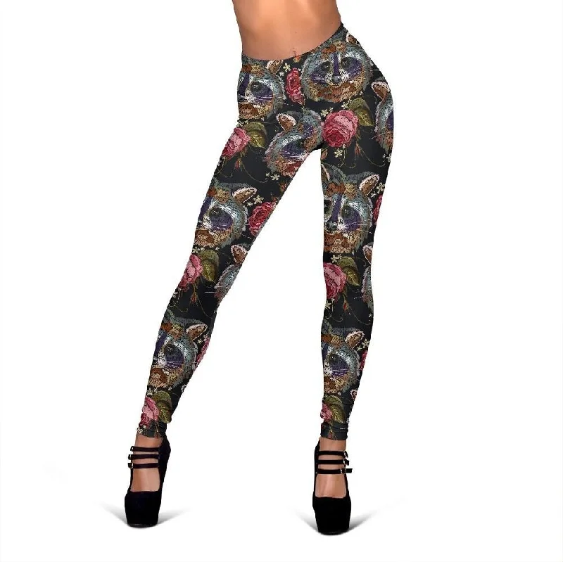 Floral Raccoon Print Pattern Women Leggings