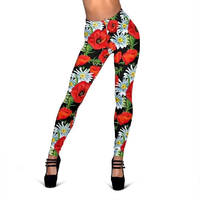 Floral Red Poppy Print Pattern Women Leggings