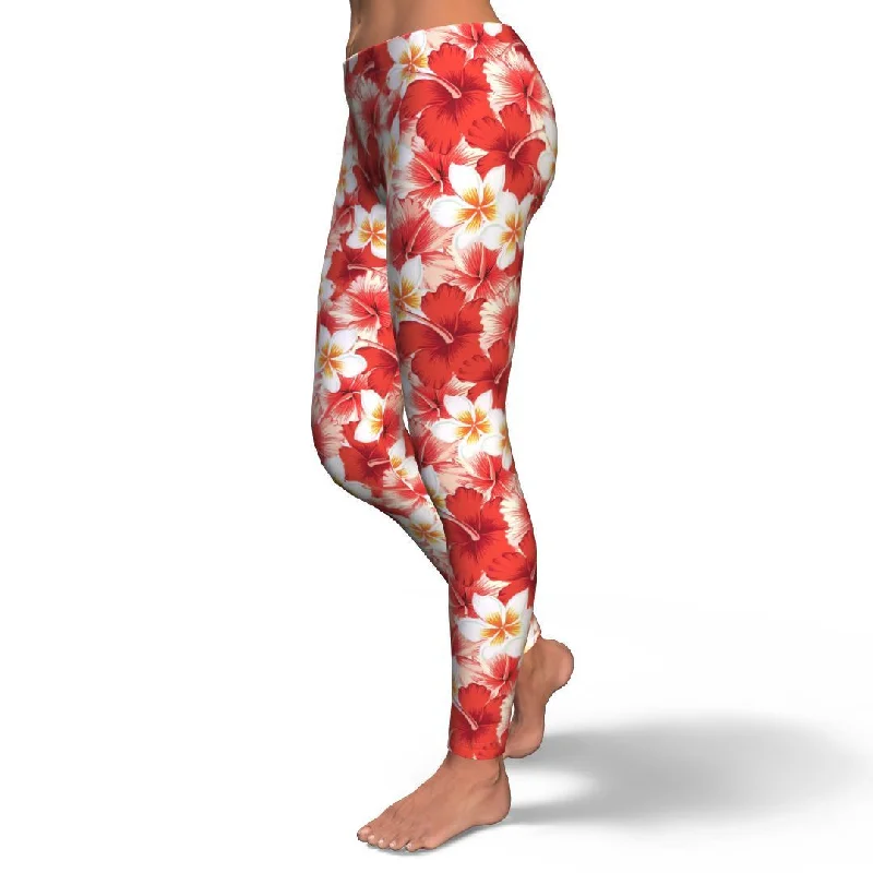 Hawaiian Floral Tropical Flower Red Hibiscus Pattern Print Pattern Women Leggings