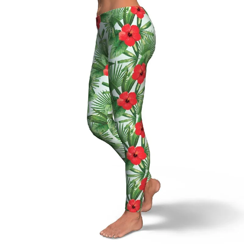 Hawaiian Hibiscus Floral Tropical Flower Palm Leaves Pattern Print Pattern Women Leggings