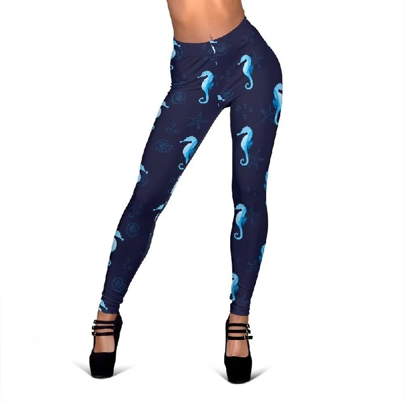 Navy Seahorse Print Pattern Women Leggings