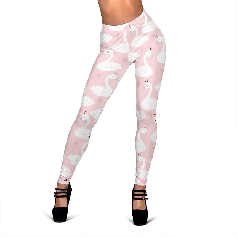 Pink Swan Print Pattern Women Leggings