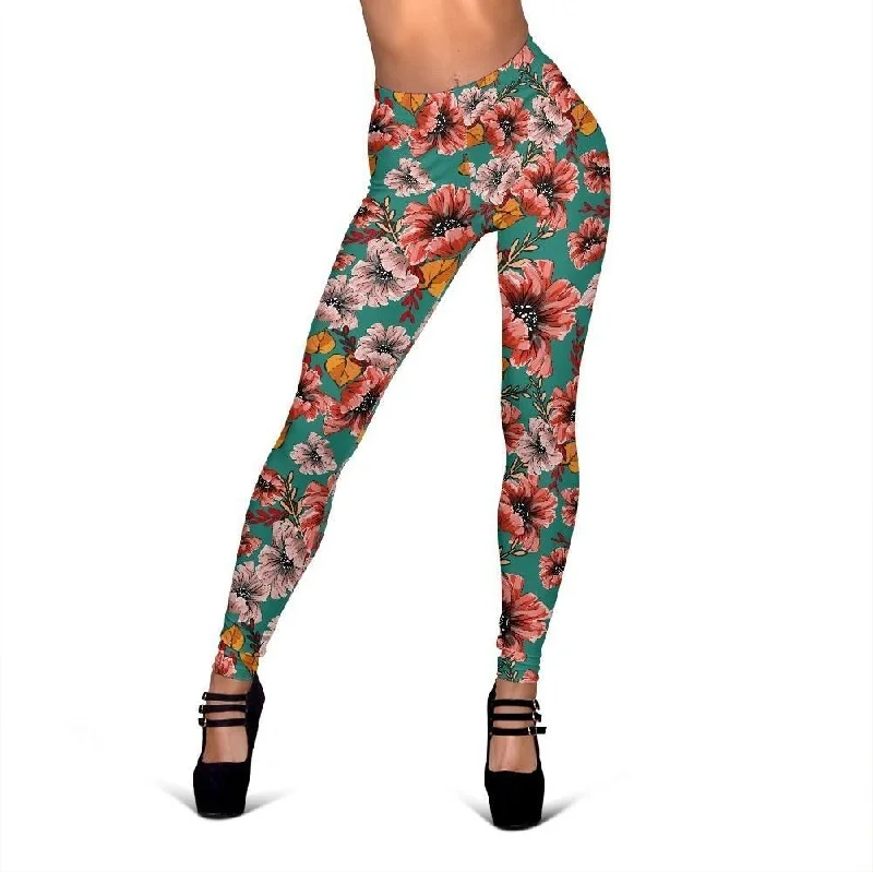 Poppy Floral Red Print Pattern Women Leggings