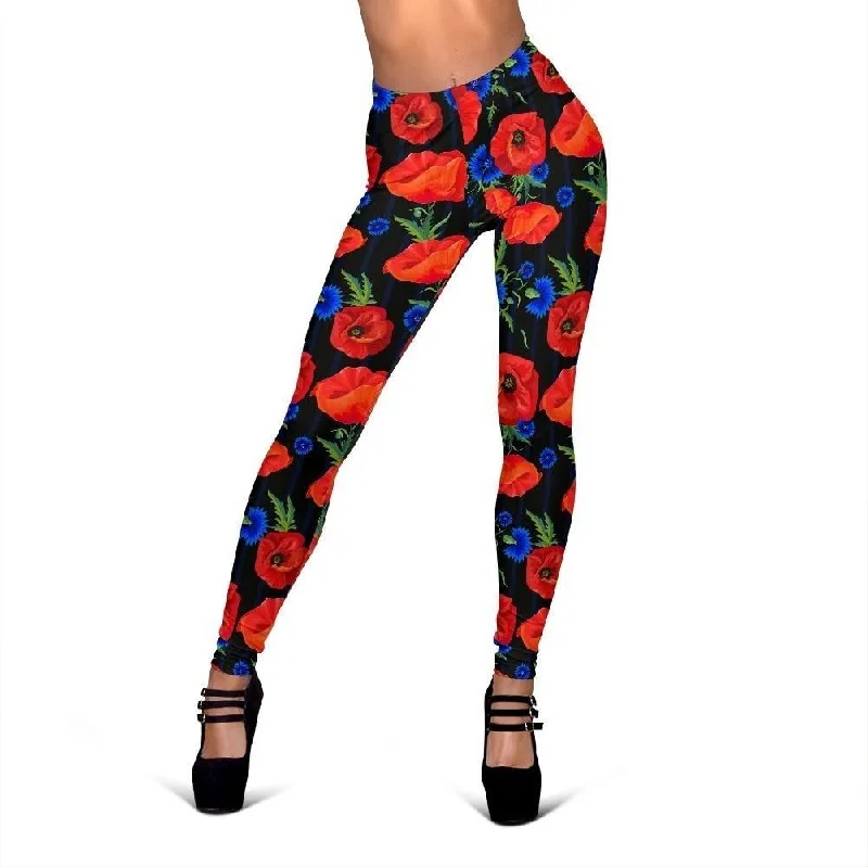 Poppy Red Floral Print Pattern Women Leggings