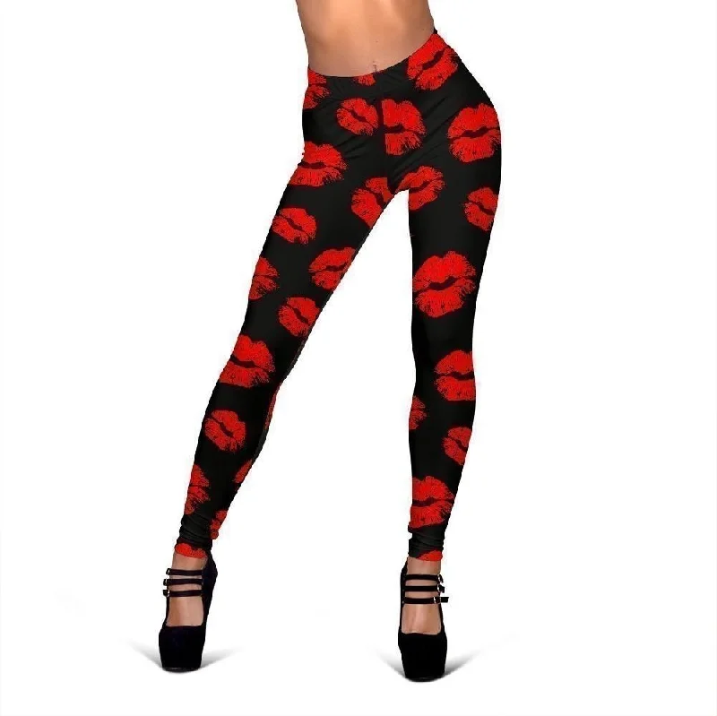 Red Lips Kiss Print Pattern Women Leggings