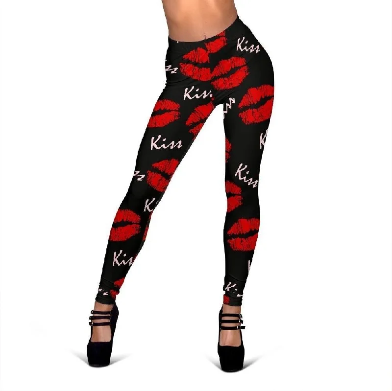 Red Lips Kiss Print Pattern Women Leggings