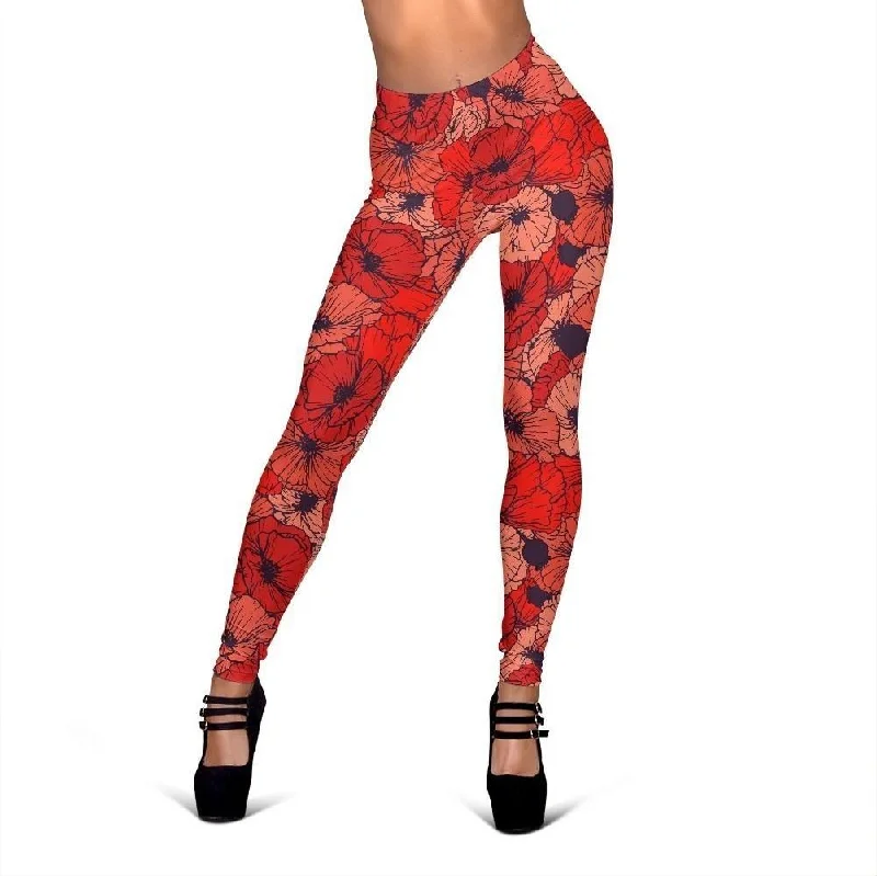 Red Poppy Floral Print Pattern Women Leggings