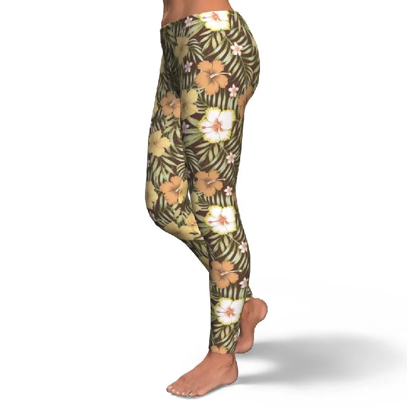 Vintage Hawaiian Floral Tropical Flower Hibiscus Palm Leaves Pattern Print Pattern Women Leggings